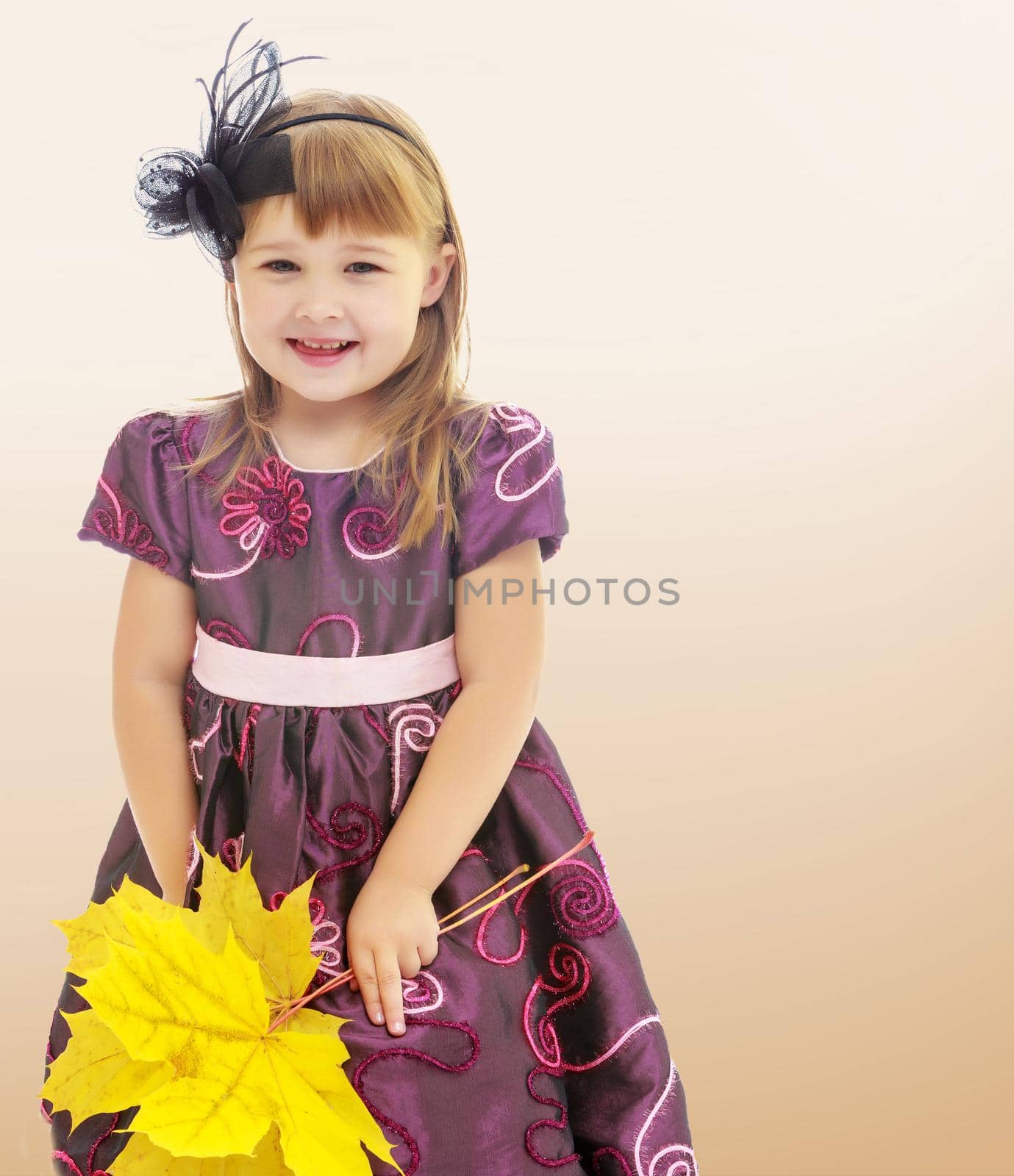 On a brown background a smooth transition from dark to light. Nice little girl dressed in brown dress. She is holding a bouquet of maple leaves.