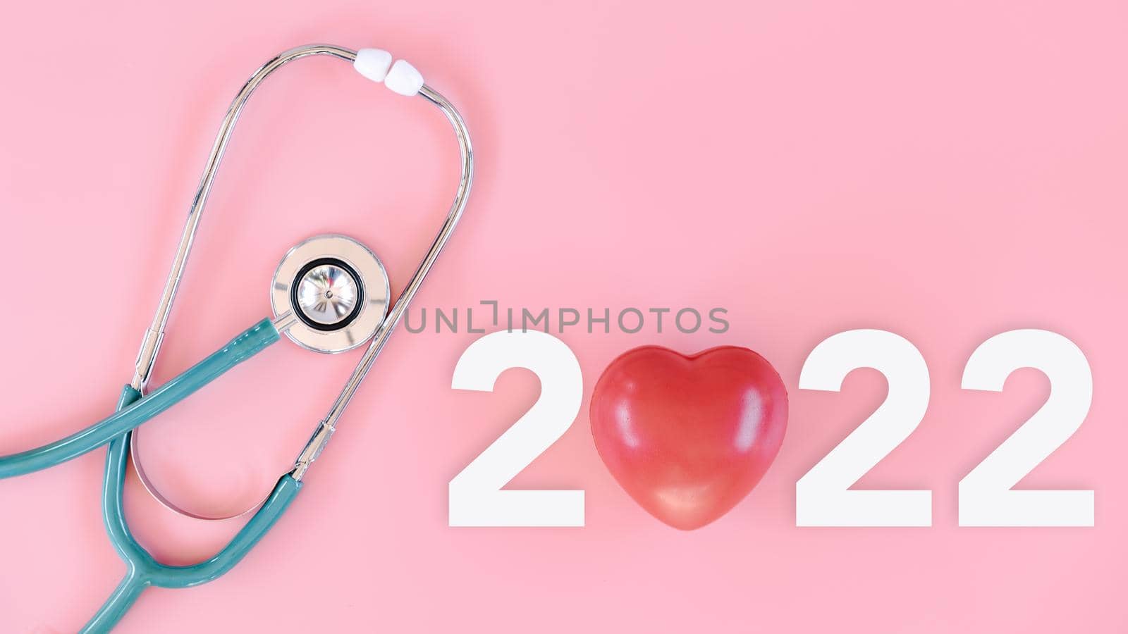 Medical Checkup and Health Insurance on Year 2022 Concept, Stethoscope With Text New Year 2022 on Isolate Pink Background. Doctor Appointment Calendar for Medical Examination Annual 2022. Medical Care by MahaHeang245789