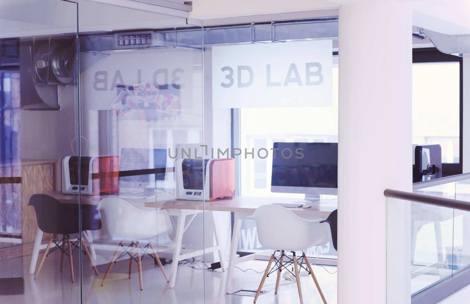 3D lab, new technology laboratory classroom. Startup business modern office interior