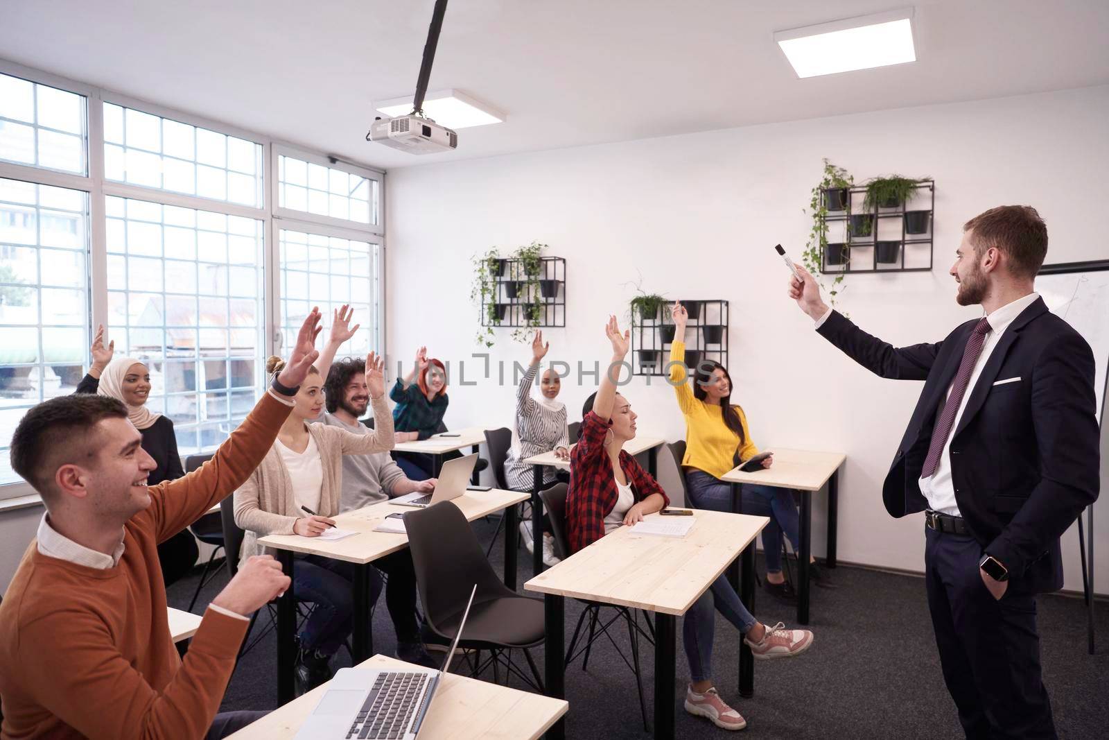 business education group of students at class or presentation