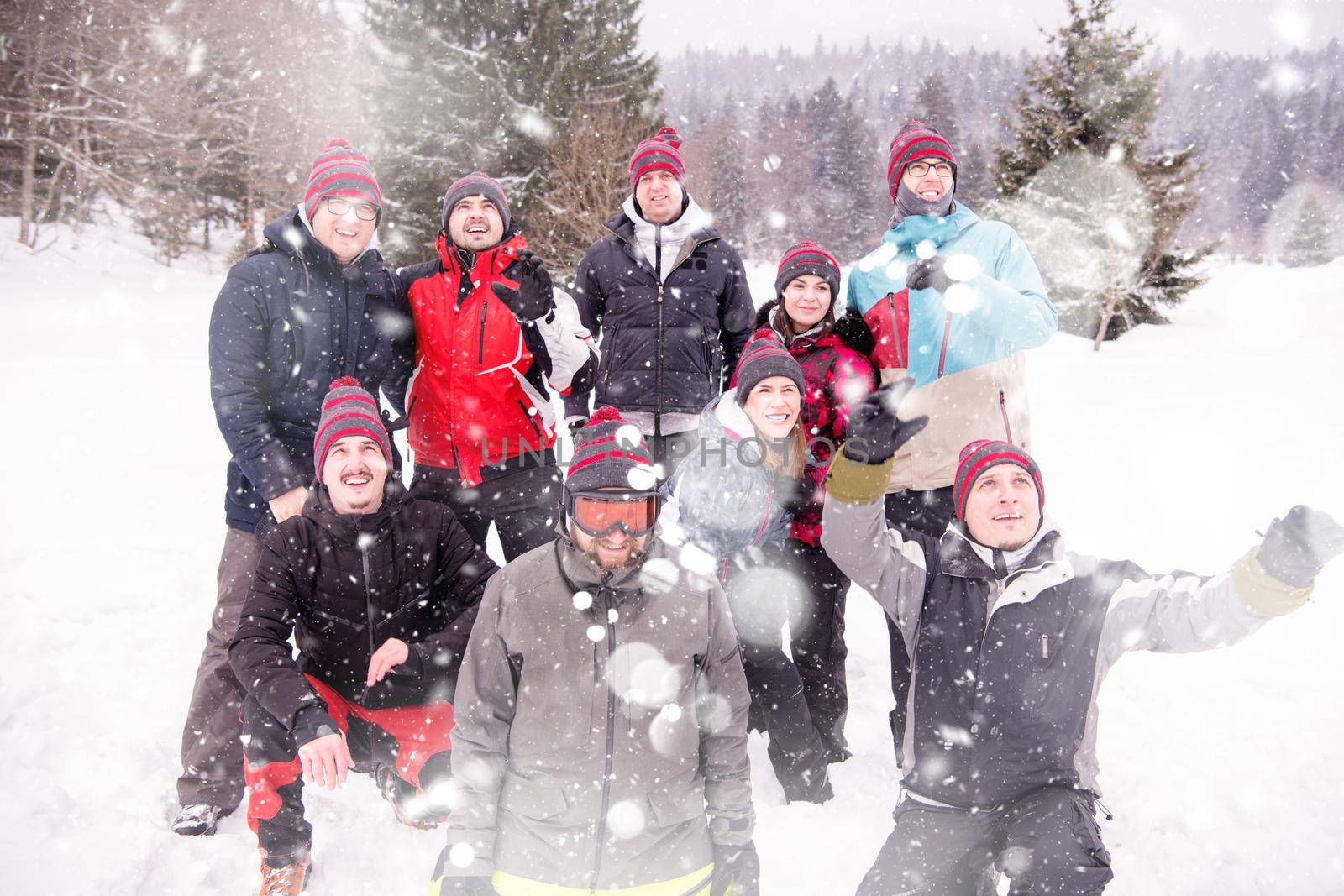 group portrait of young happy business people enjoying snowy winter day with snowflakes around them during a team building in the mountain forest