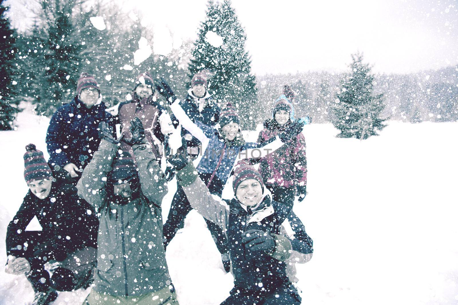 group of young happy business people having fun throwing snow in the air while enjoying snowy winter day with snowflakes around them during a team building in the mountain forest