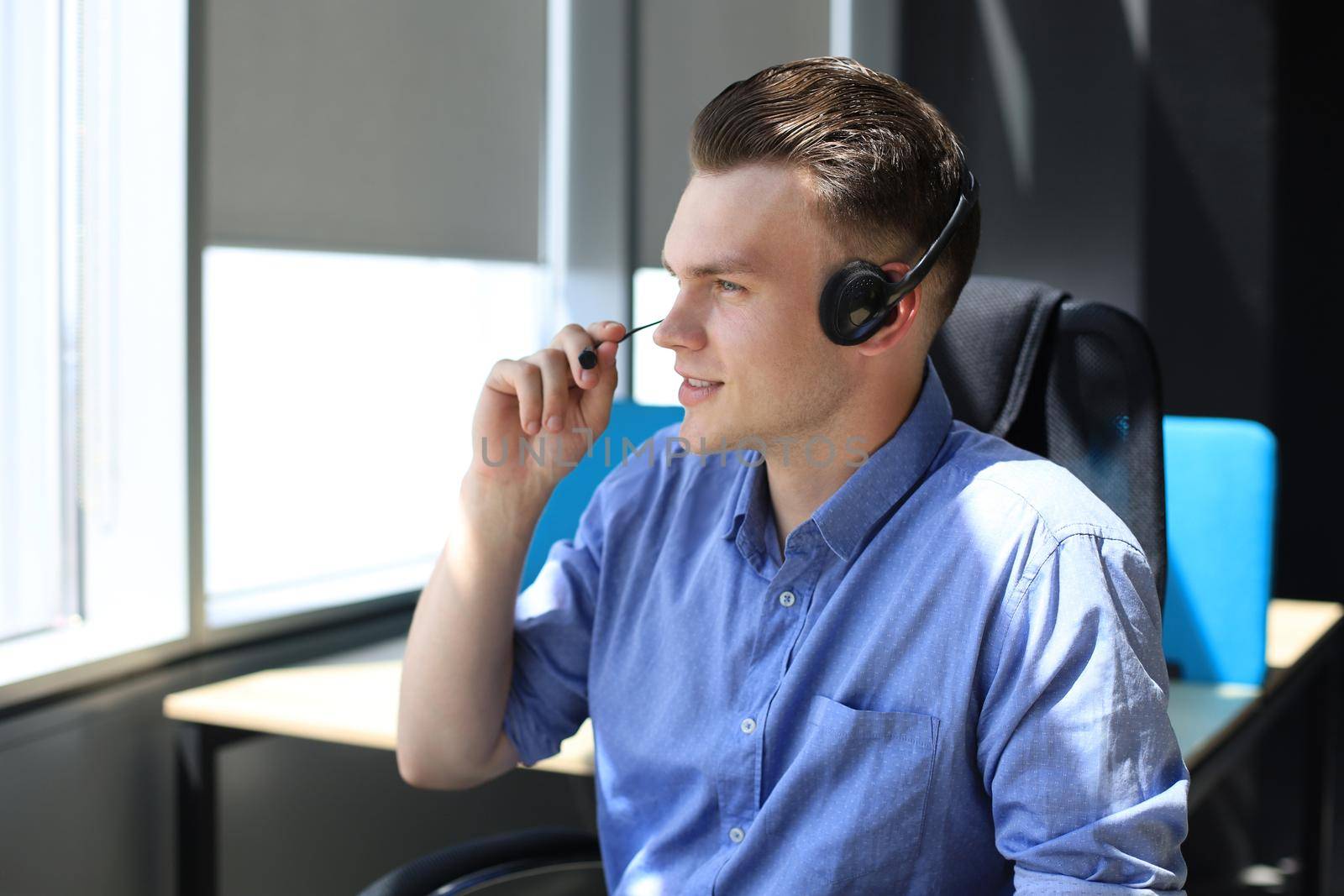 Businessman speak talk on video call with colleagues on online briefing during self isolation and quarantine. by tsyhun