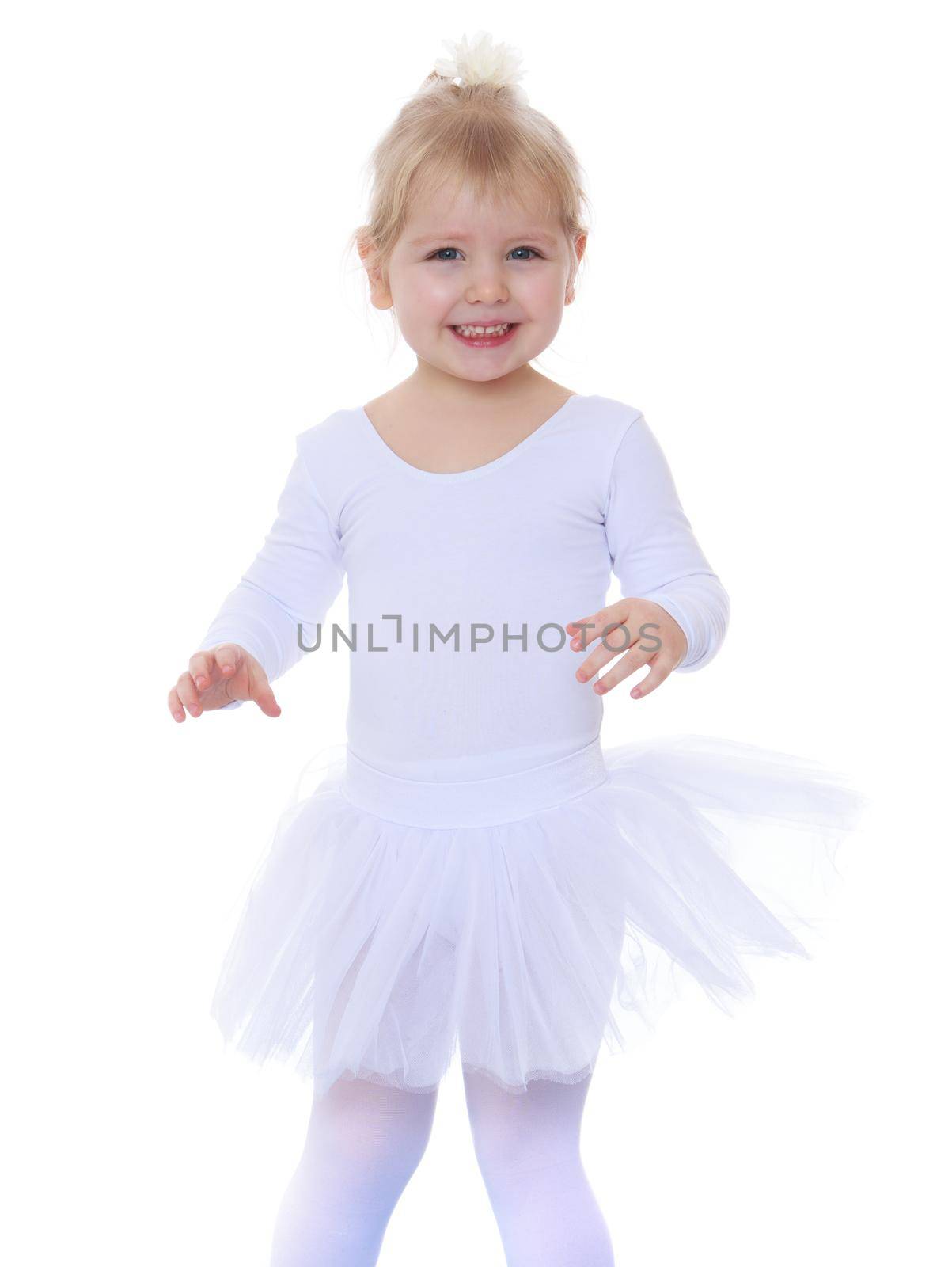 Cheerful little girl is a future gymnast, white sports dress, close-up-Isolated on white background