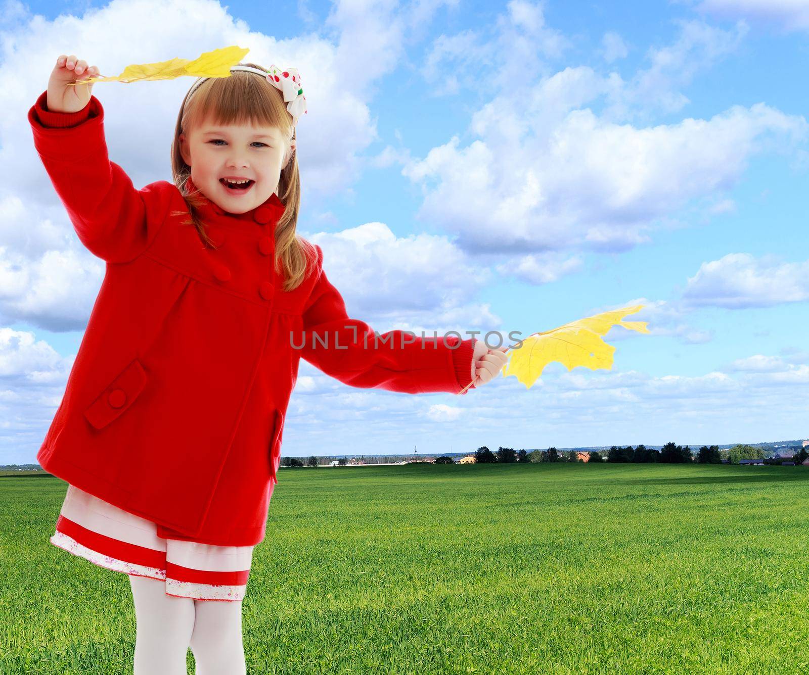 The concept of changing seasons in the life of a child. On the background of green grass and blue sky with clouds. Joyful little girl in a bright red coat waving yellow maple leaves.