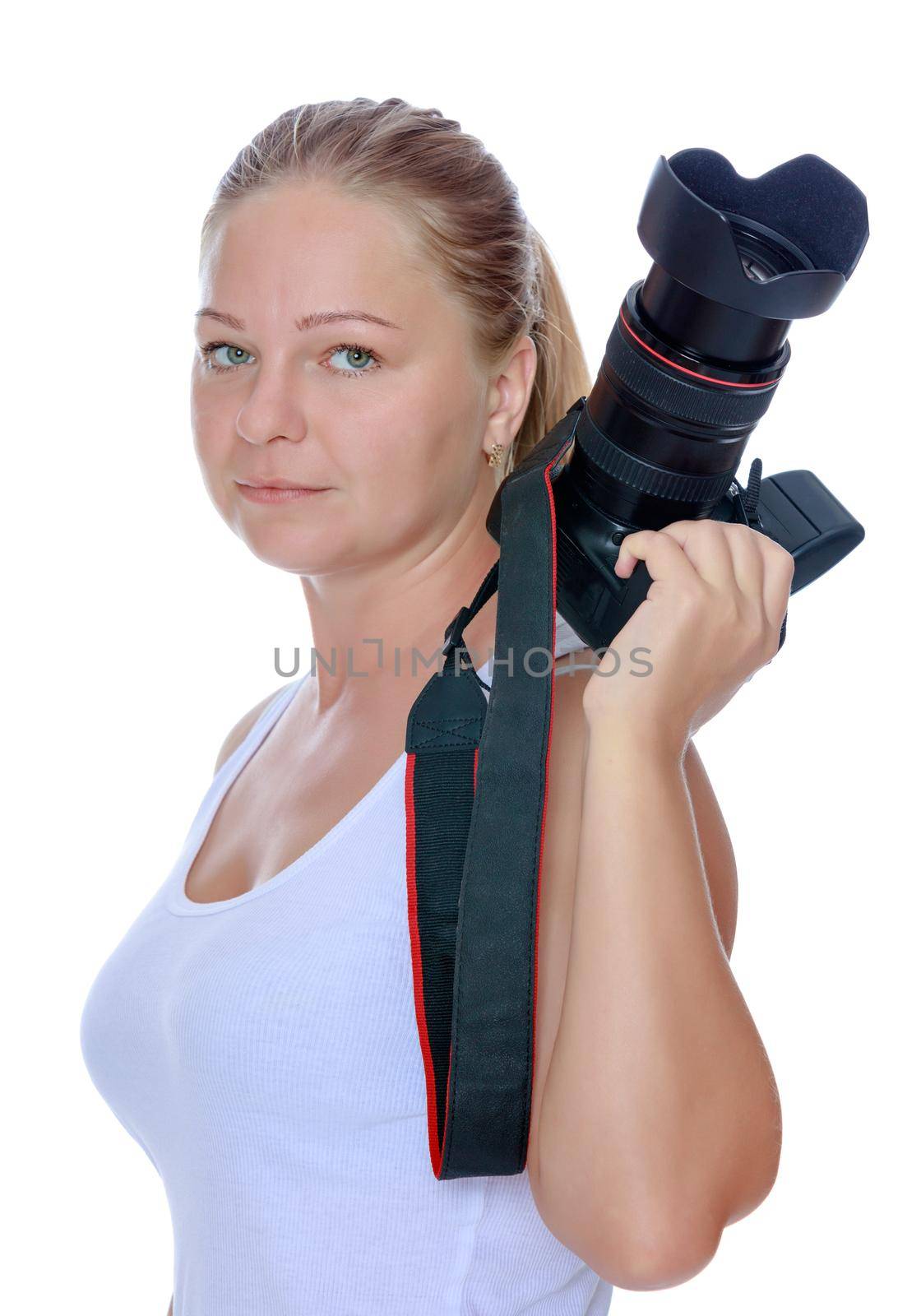Cute young girl in white shirt drawing,with a professional camera.Girl holding a camera in one hand.Isolated on white background