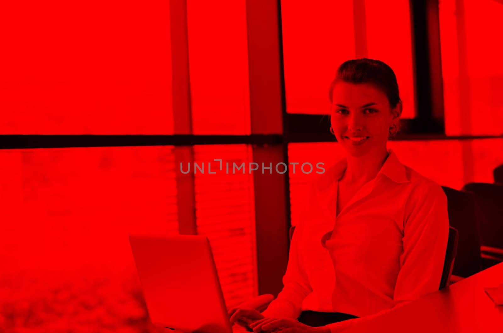 Young pretty business woman with notebook in the bright modern office indoors