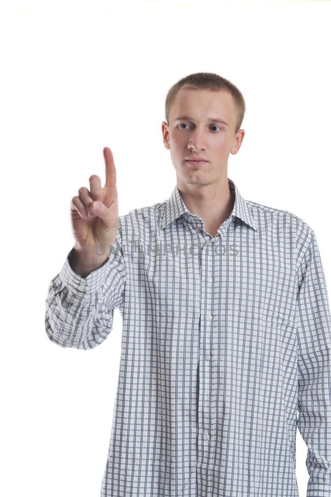 handsome young business man touching screen isolated on white bacground