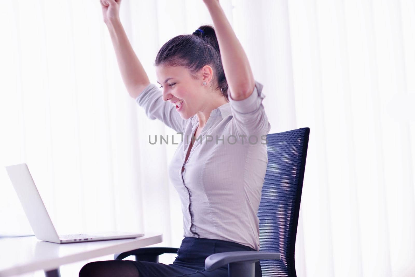 portrait of Young pretty business woman work on  notebook computer  in the bright modern office indoors