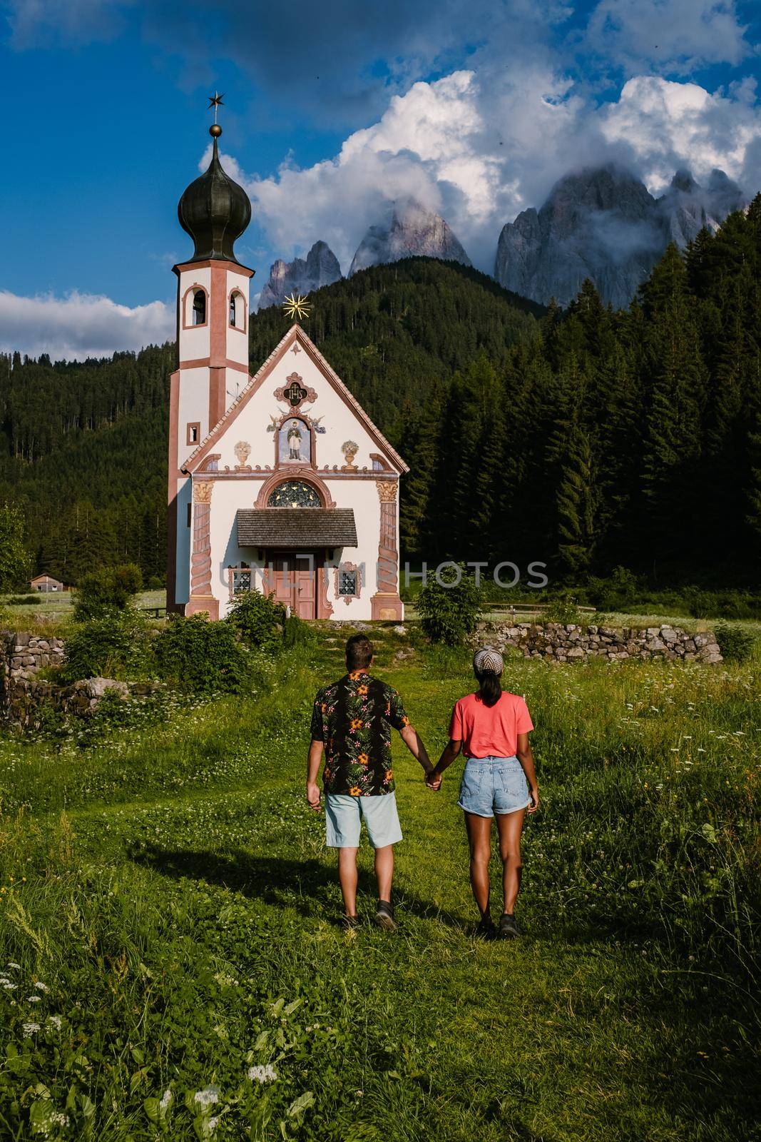 Santa Maddalena church village in front of the Geisler, Val di Funes, Italy, Europe by fokkebok