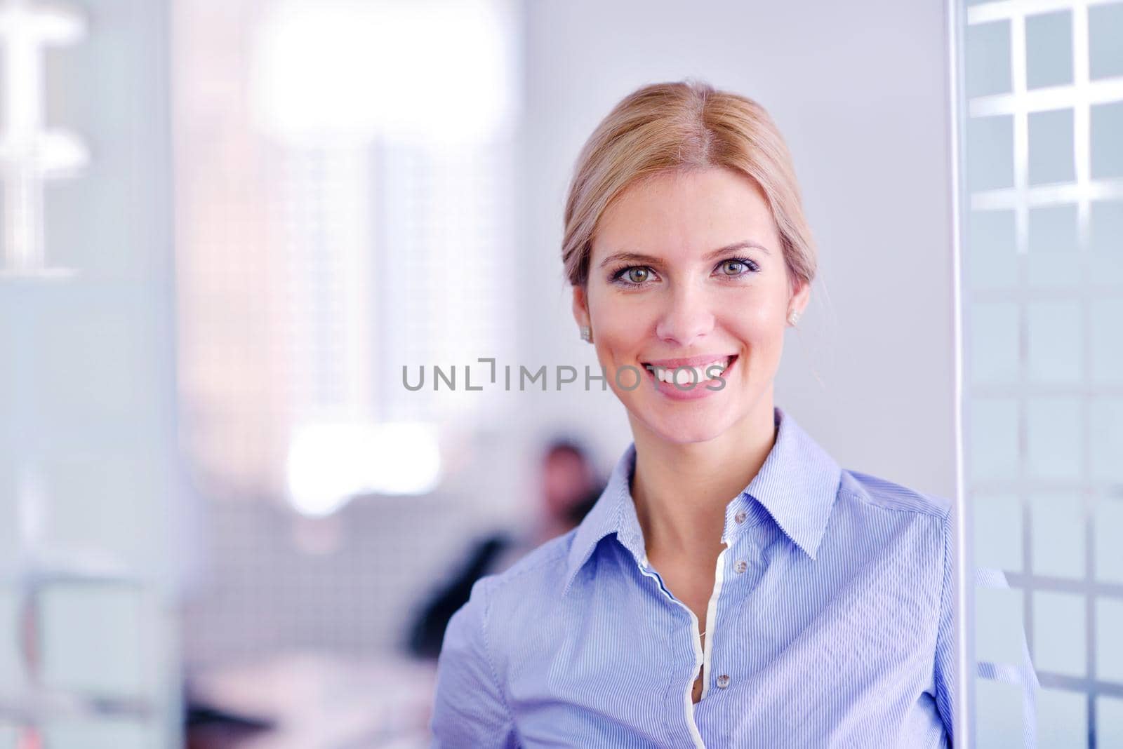 portrait of Young pretty business woman work on  notebook computer  in the bright modern office indoors