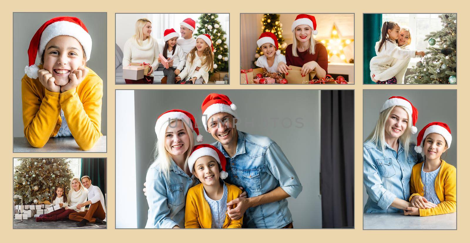 Photo collage of nine images with winter concept. Holiday season. open photo book with christmas photos.