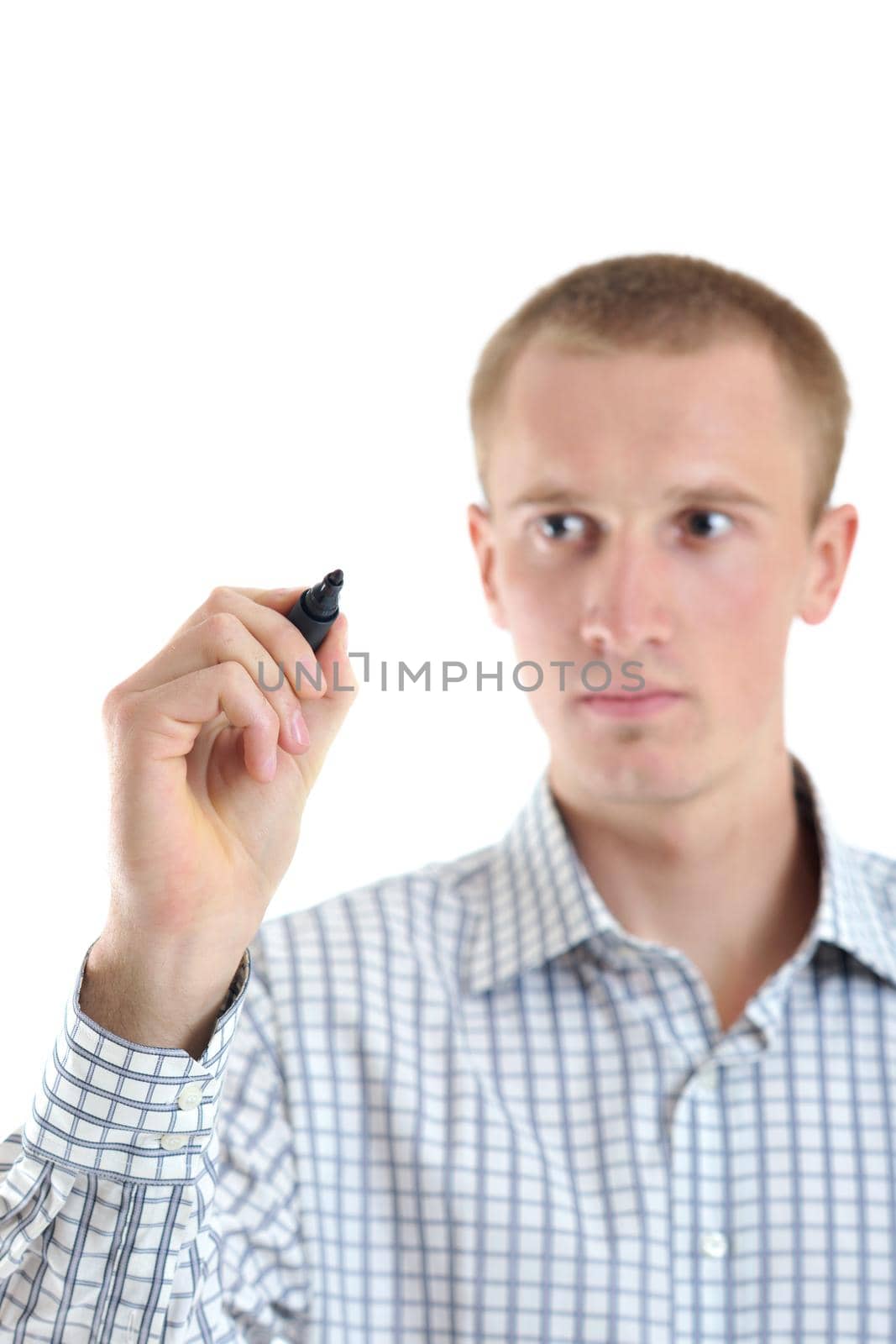 handsome young business man touching screen isolated by dotshock