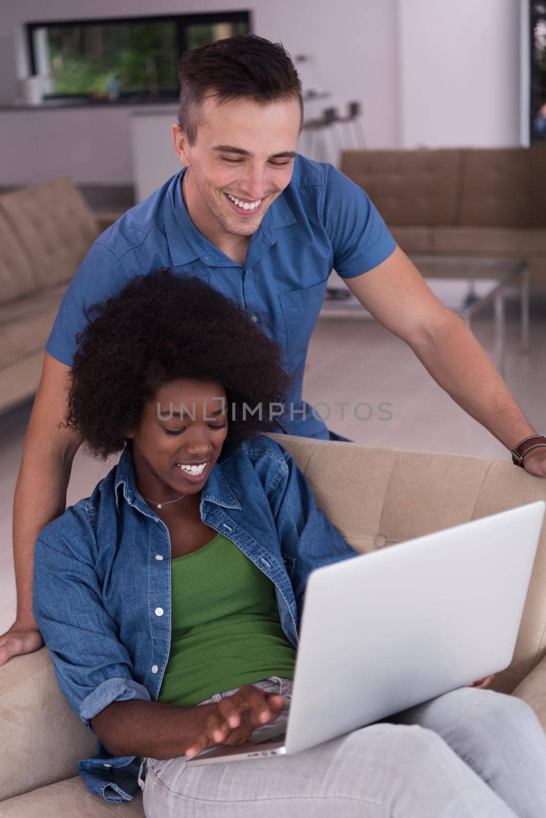 multiethnic couple on an armchair with a laptop by dotshock