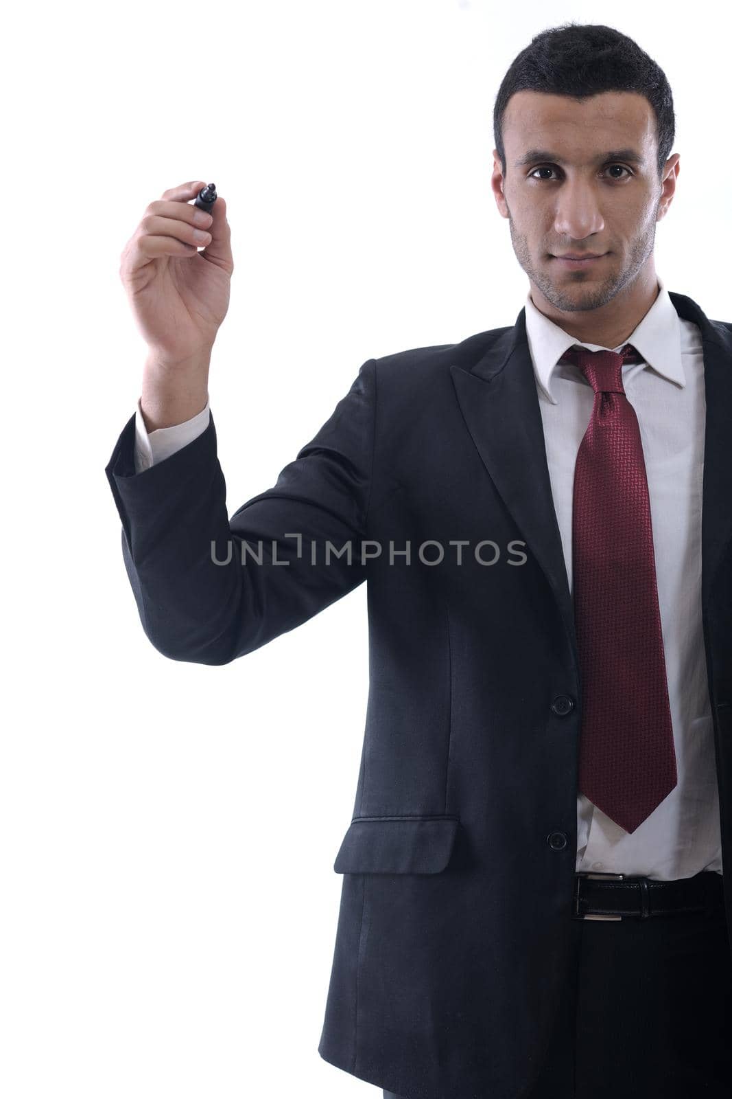 business man draw with marker on empty copy space isolated on white in studio