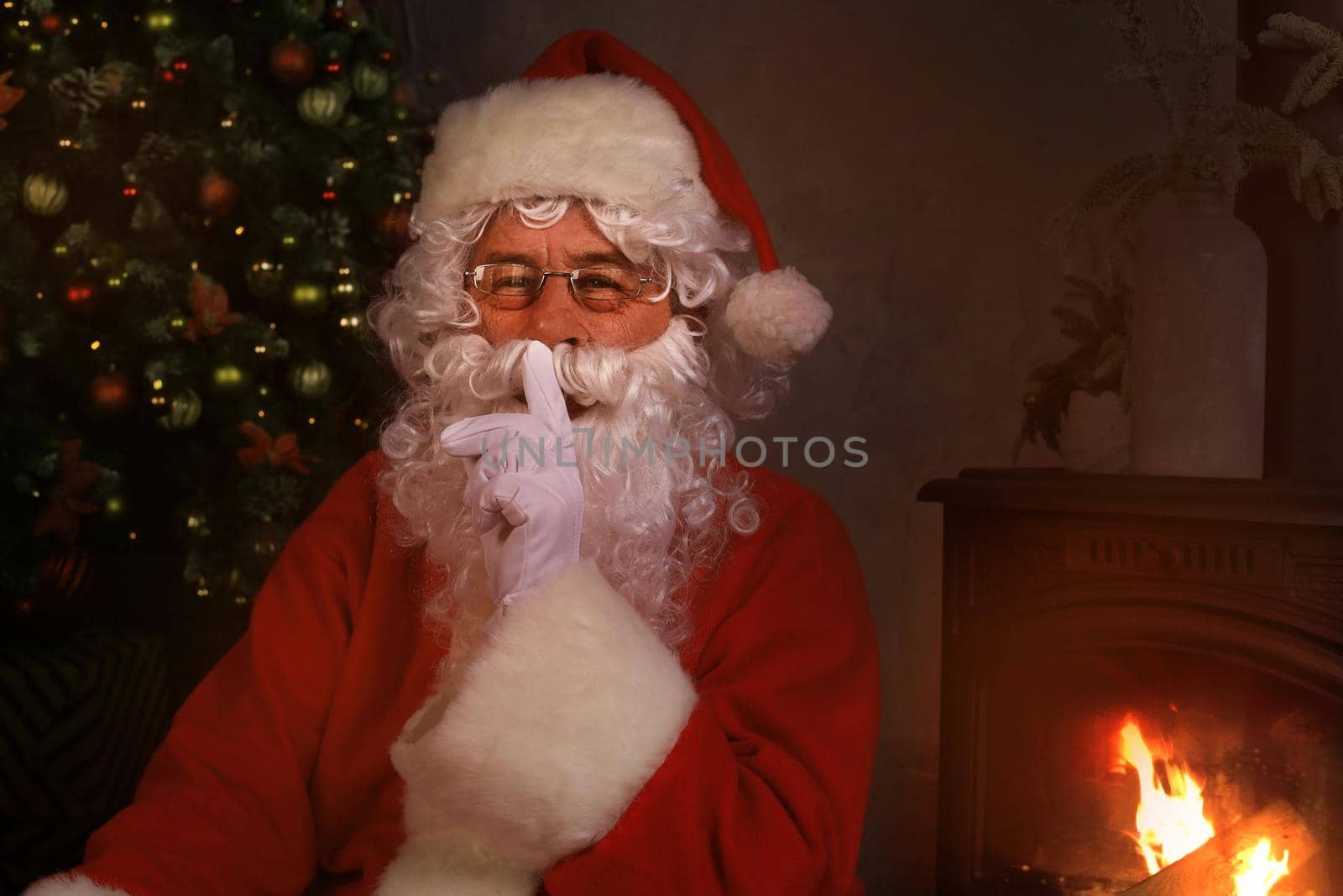 Portrait of Santa Claus keeping forefinger by his mouth and looking at camera
