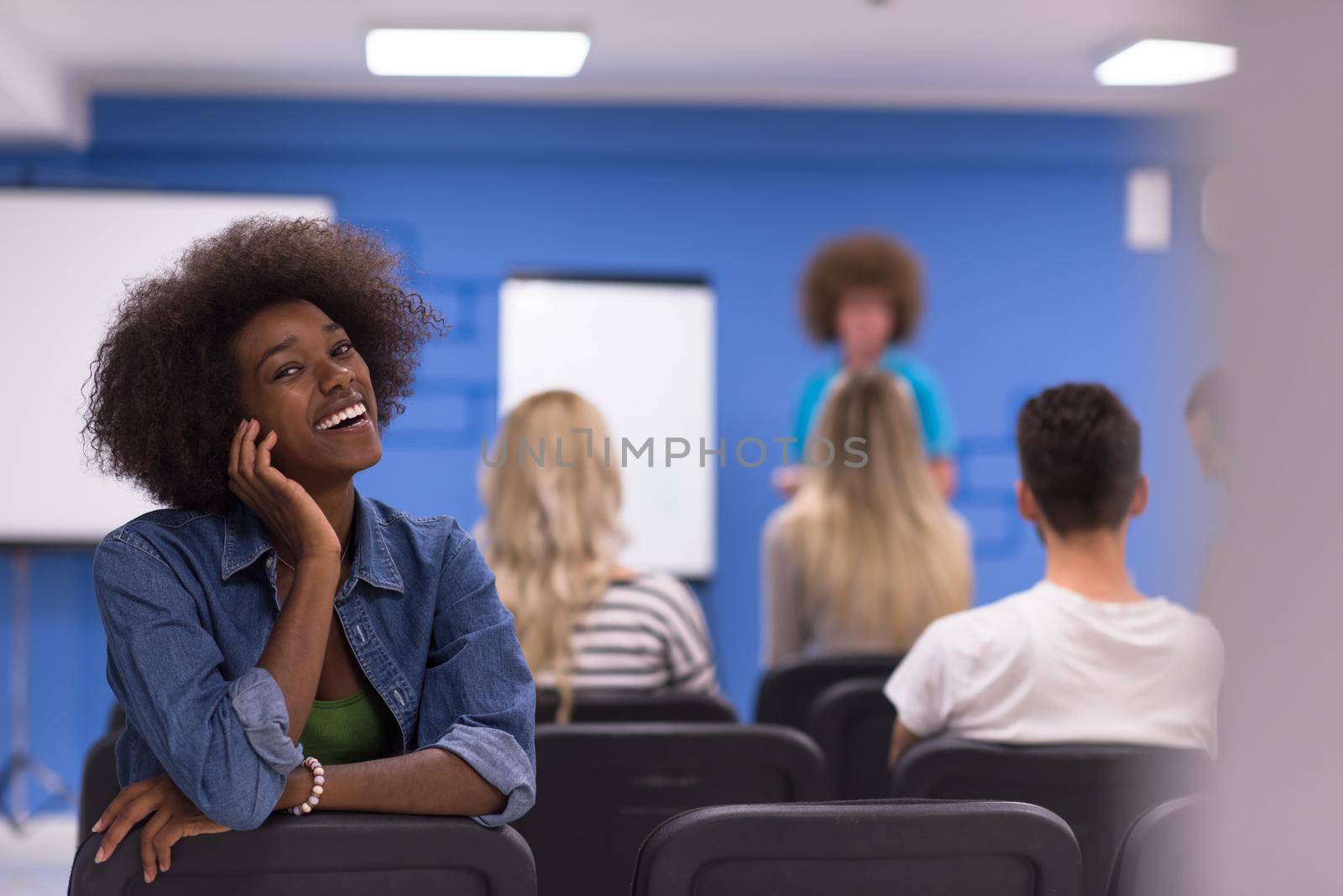 portrait of young African American business woman at modern startup office interior, team in meeting in background