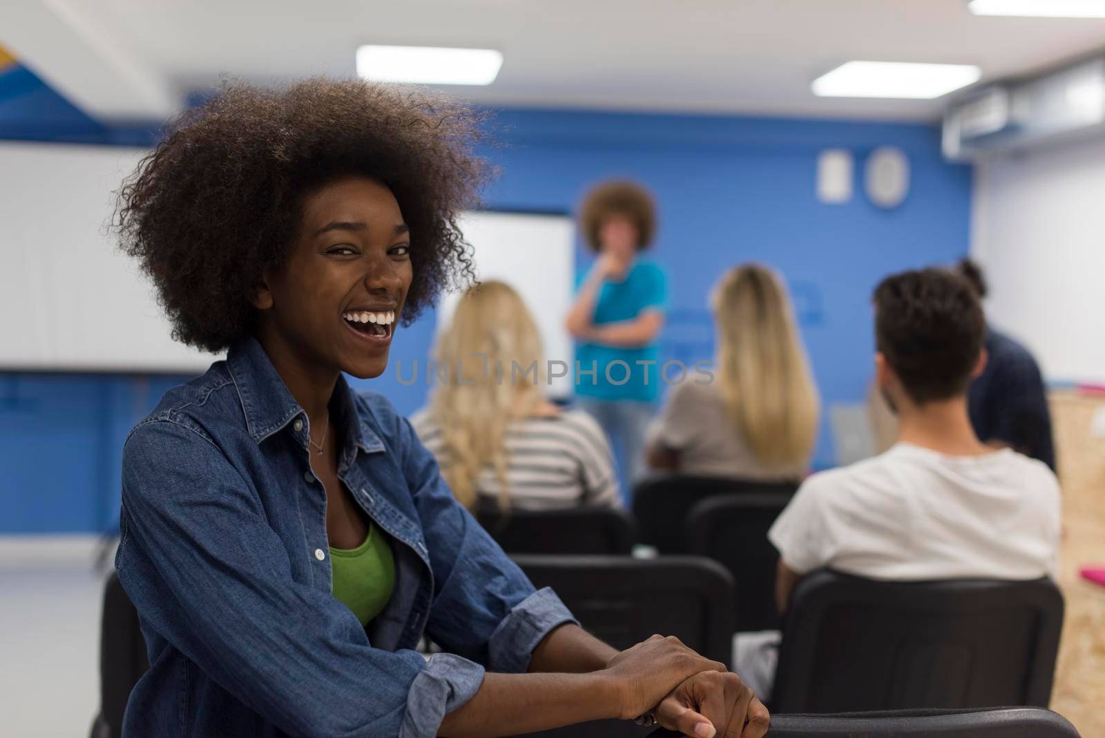 portrait of young African American business woman at modern startup office interior, team in meeting in background