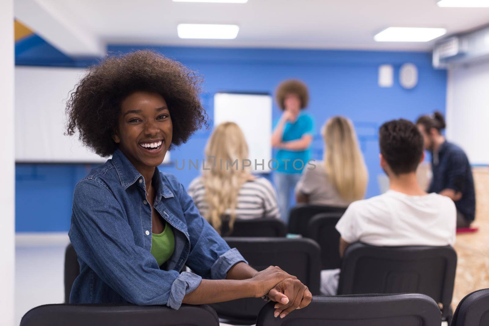 portrait of young African American business woman at modern startup office interior, team in meeting in background