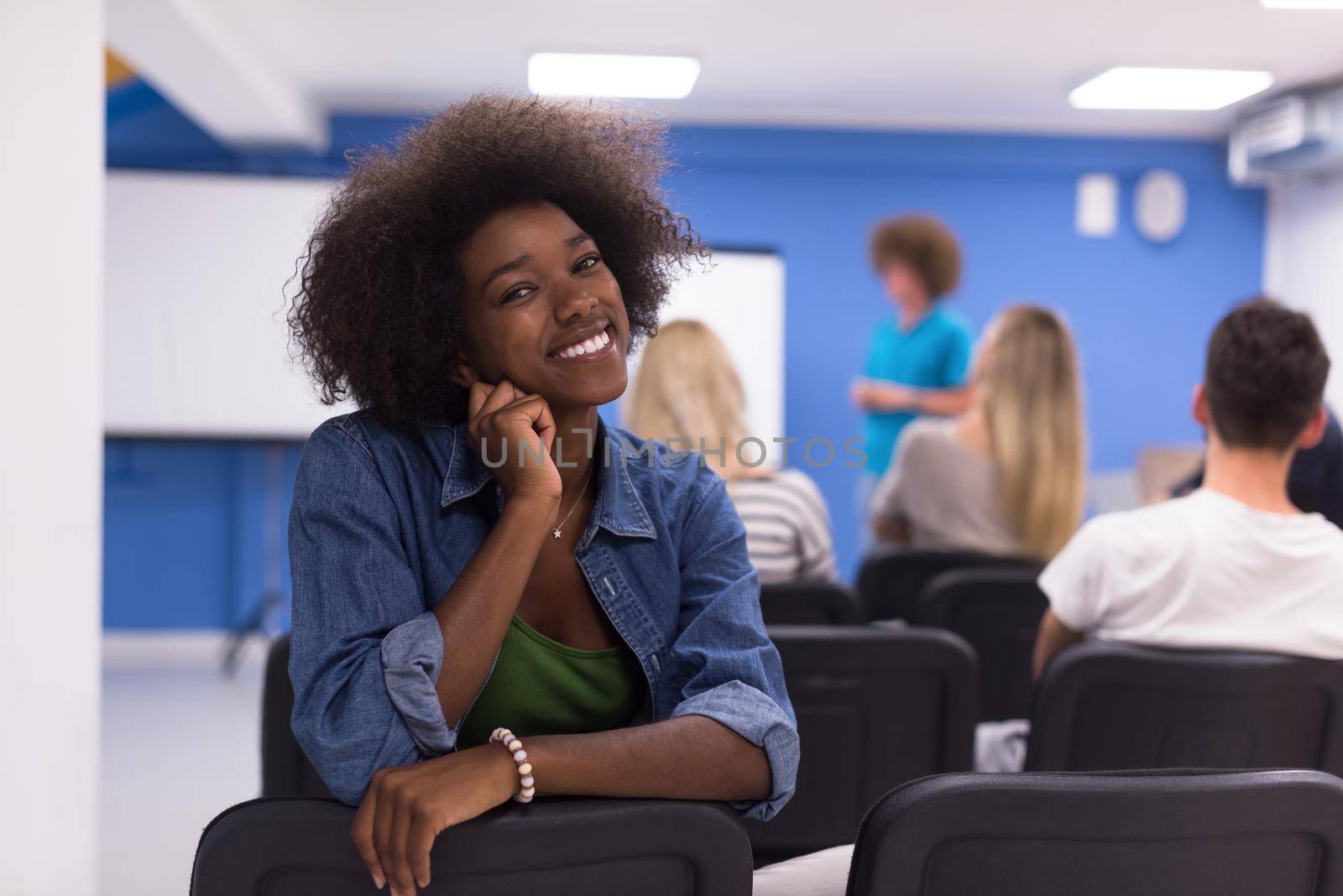 portrait of young African American business woman at modern startup office interior, team in meeting in background