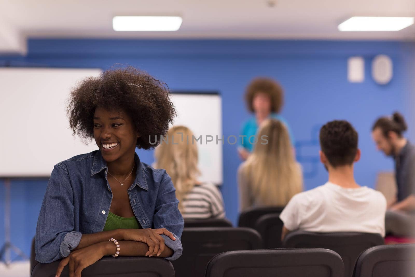 portrait of young African American business woman at modern startup office interior, team in meeting in background