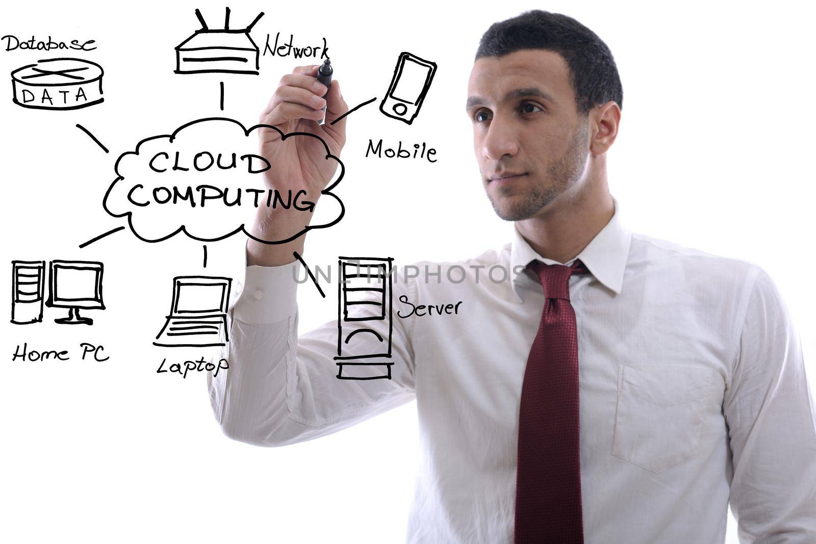 business man draw cloud computing chart on glass  isolated over  white background  in studio