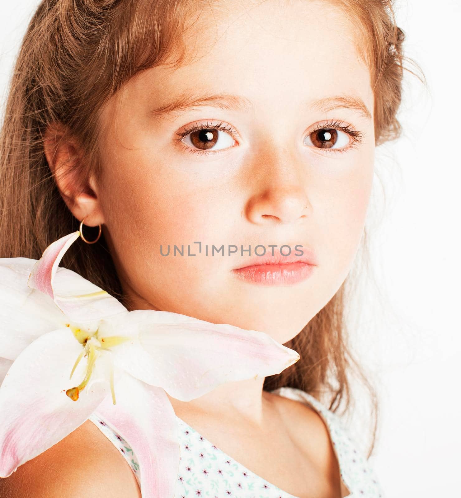 little cute spring girl in fancy dress isolated on white background, fashion stylish kid, lifestyle people concept close up