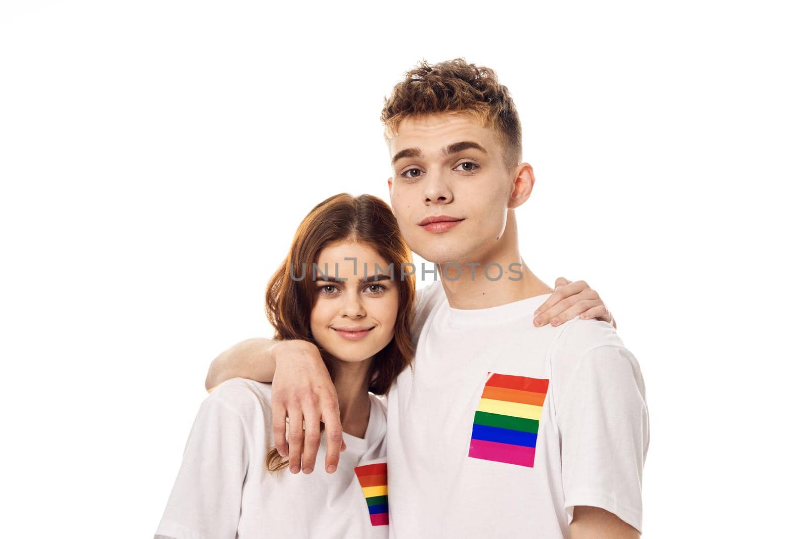 couple in white t-shirts Flag lgbt transgender sexual minorities by Vichizh