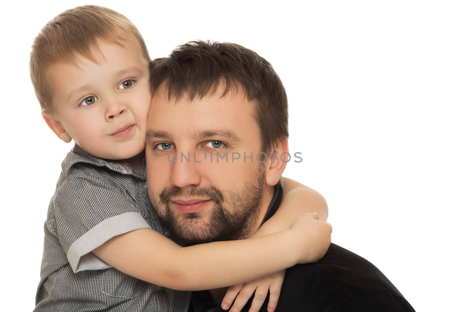 Cute little boy hugging the head of her beloved dad . close-up - Isolated on white background
