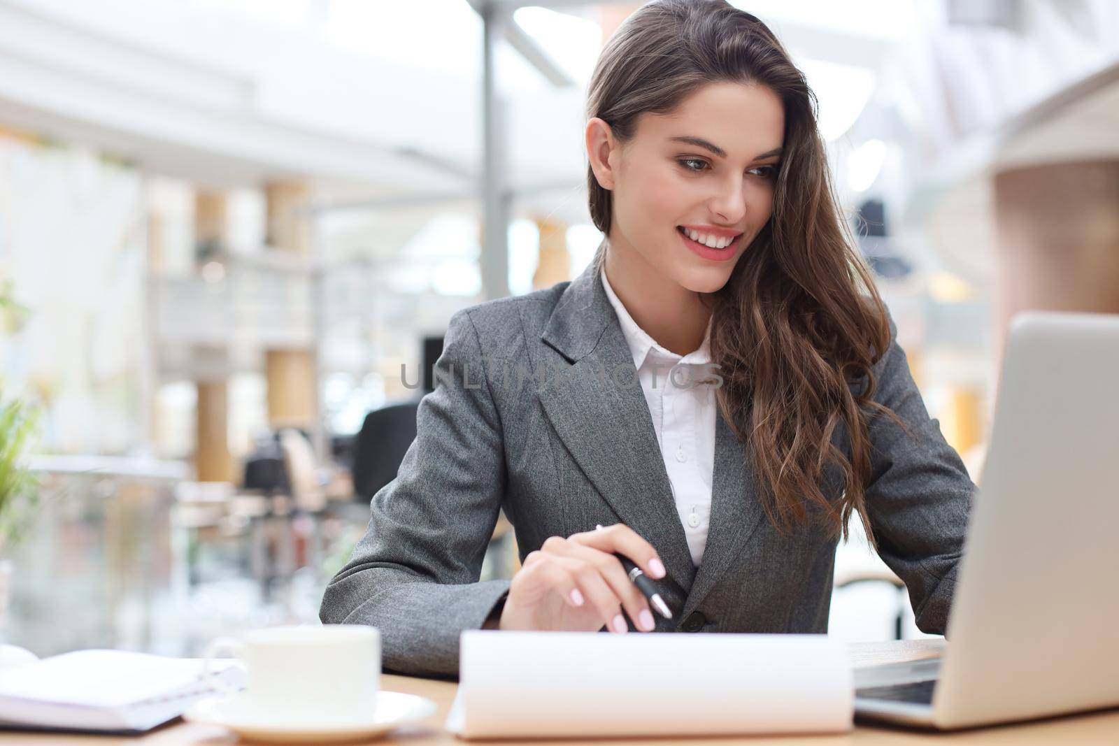 Portrait of a young brunette business woman using laptop at office