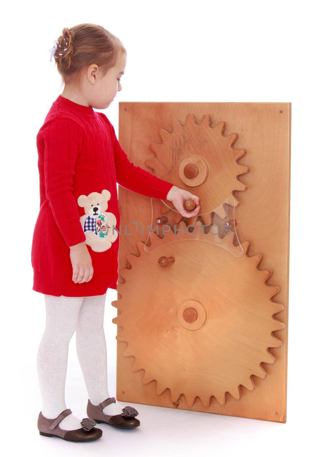 Cute little girl in a red short dress in Montessori kindergarten. The girl turns the handle of the big gears , Montessori material - Isolated on white background