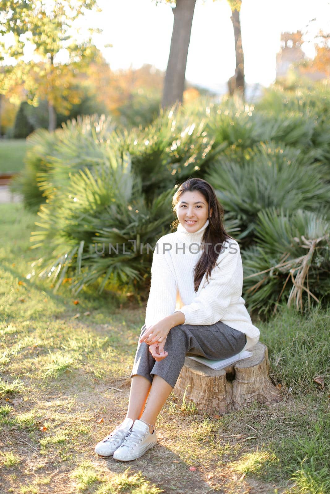 Korean woman sitting on stump in park and wearing white sweater. Concept of asian female person.