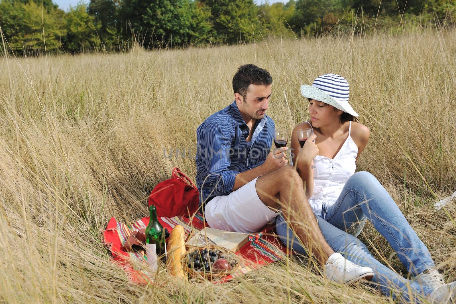 happy young couple enjoying  picnic on the countryside in the field  and have good time