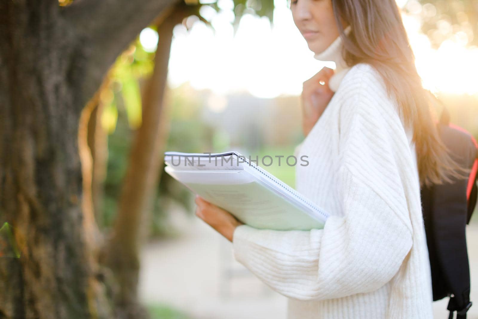 Focus on documents in chinese girl hands outside. by sisterspro