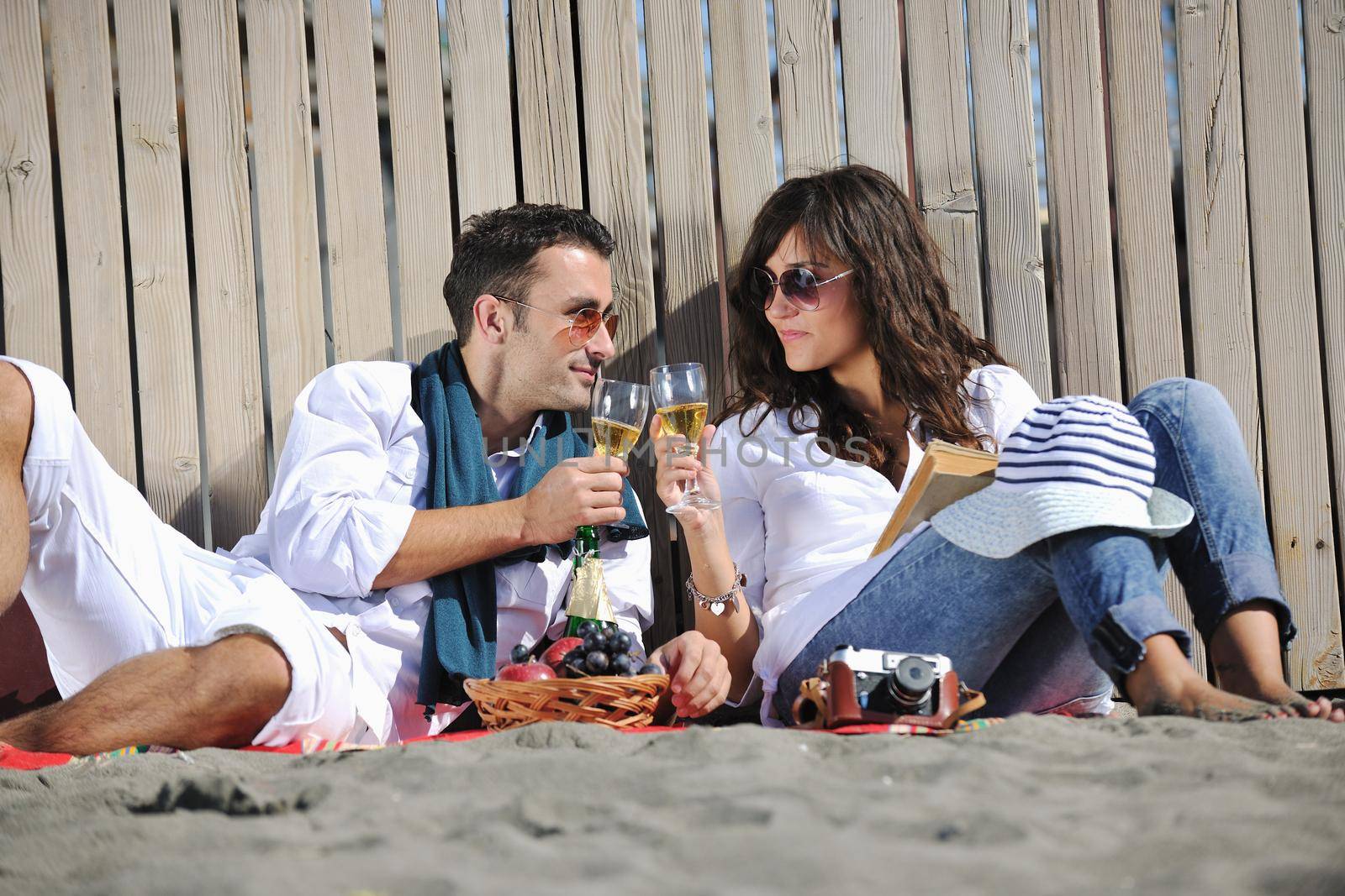 young couple enjoying  picnic on the beach by dotshock