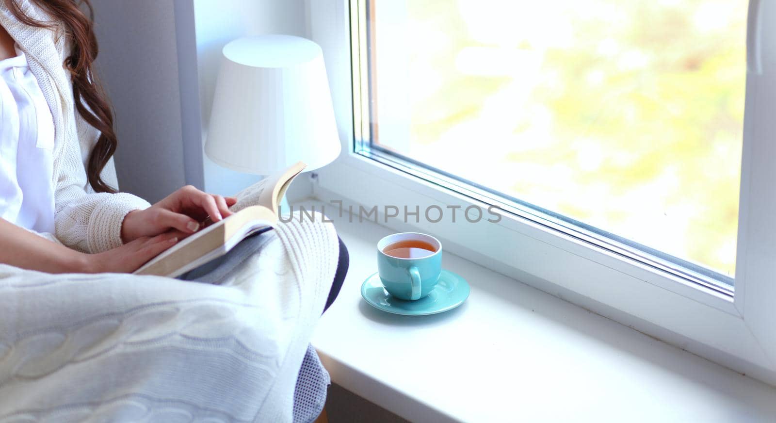 Young woman at home sitting near window relaxing in her living room reading book and drinking coffee or tea . Young woman at home by lenetstan