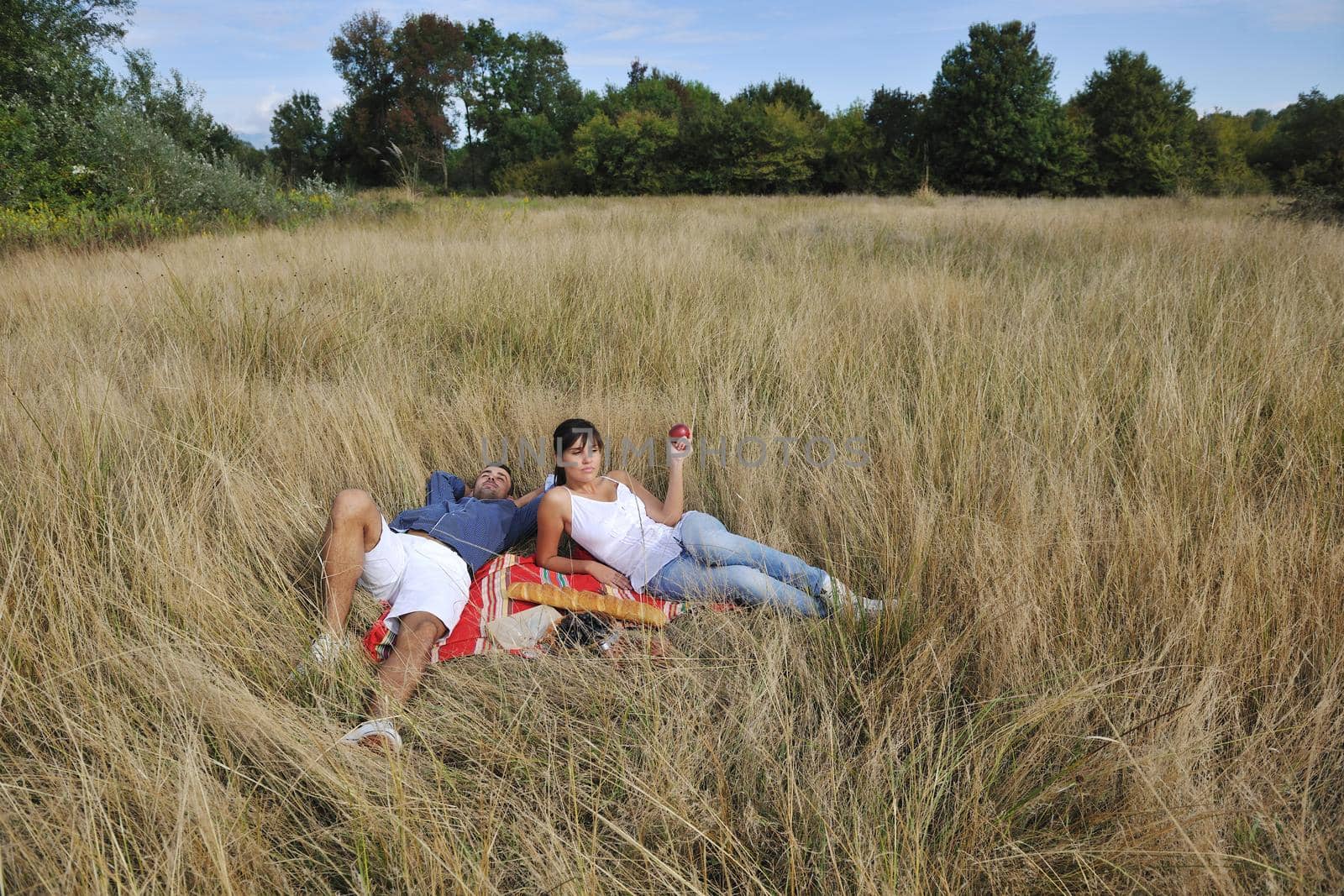 happy young couple enjoying  picnic on the countryside in the field  and have good time