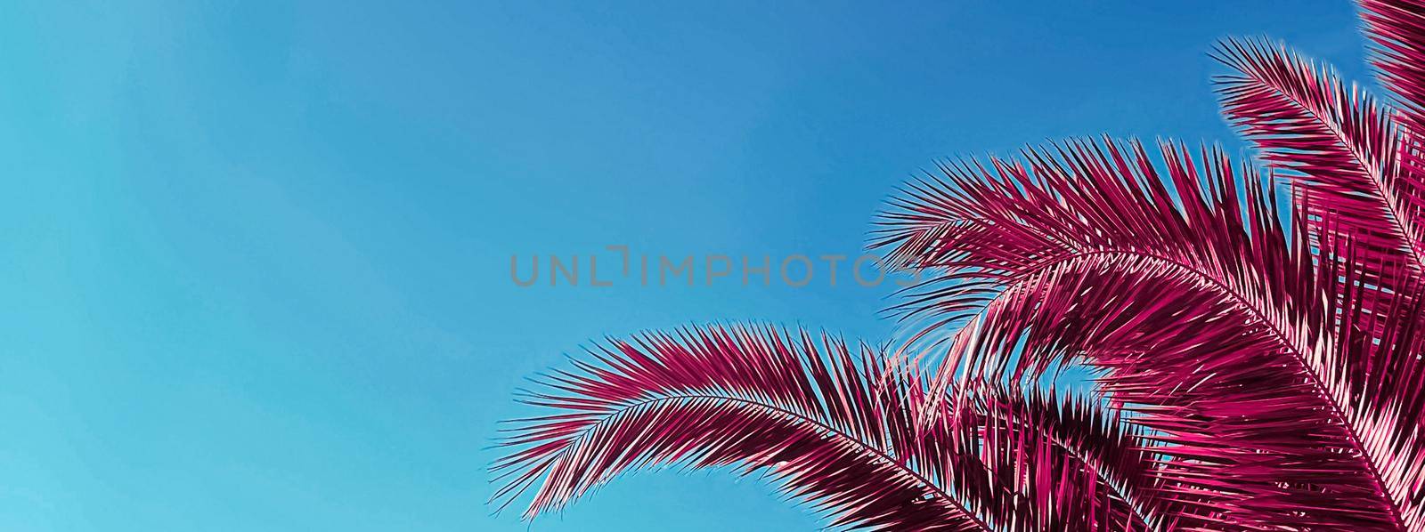 Pop art and tropical nature concept. Red palm tree leaves and blue sky as vintage summer background.