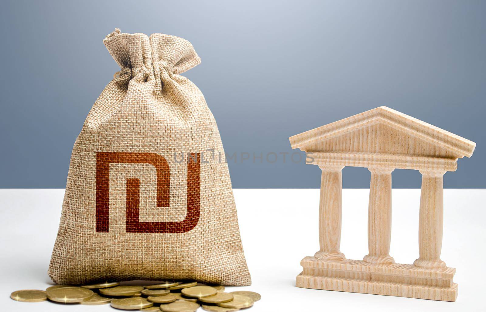 Israeli shekel money bag and bank / government building. Budgeting, national financial system. Support businesses in crisis. Lending loans, deposits. Monetary policy. Resource allocation. by iLixe48