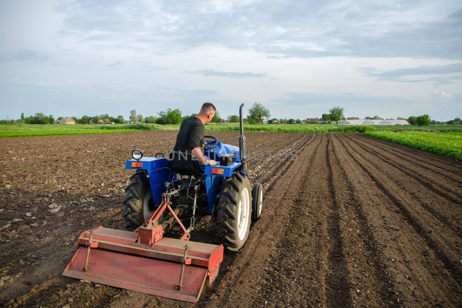 A farmer cultivates a field with a tractor after harvest. Milling soil, crushing before cutting rows. Farming, agriculture. Loosening surface, land cultivation. Plowing field. Removing roots by iLixe48