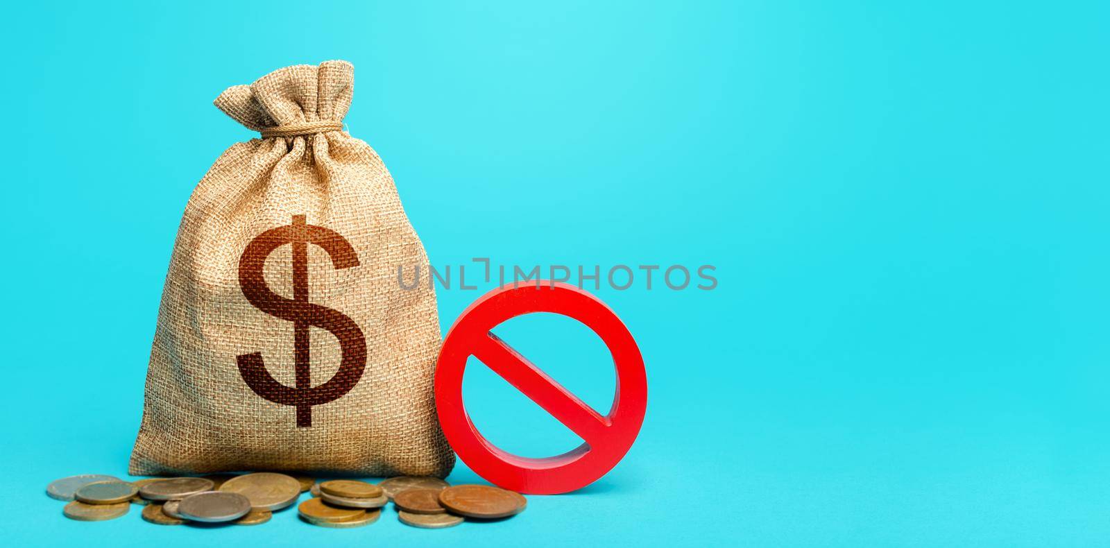 Dollars money bag and red prohibition sign NO. Prohibition on the possession of American currency. Monetary restrictions, freezing and seizure of bank accounts. Forced withdrawal of deposits. by iLixe48