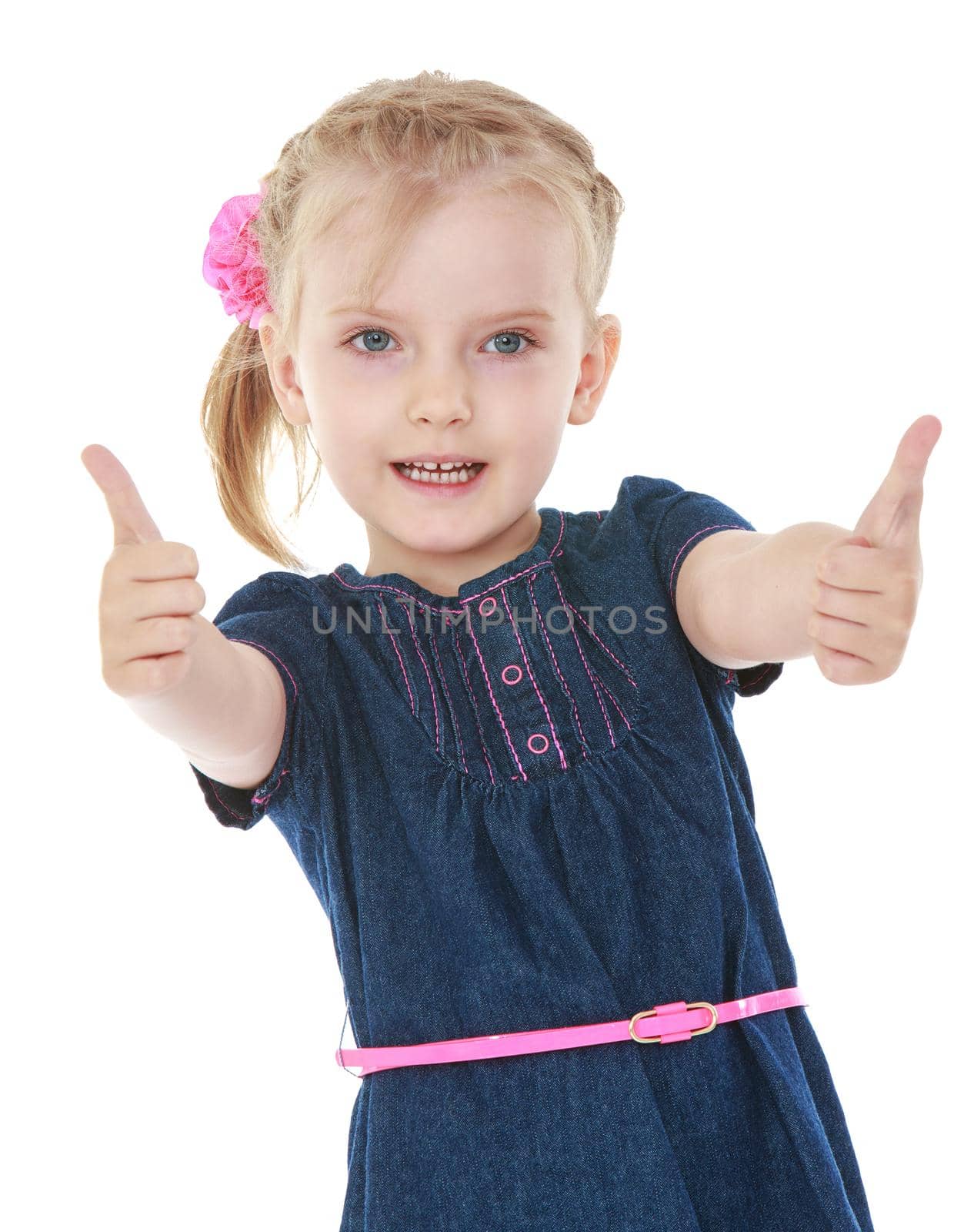 Beautiful little girl put out her hands, isolated on white background.