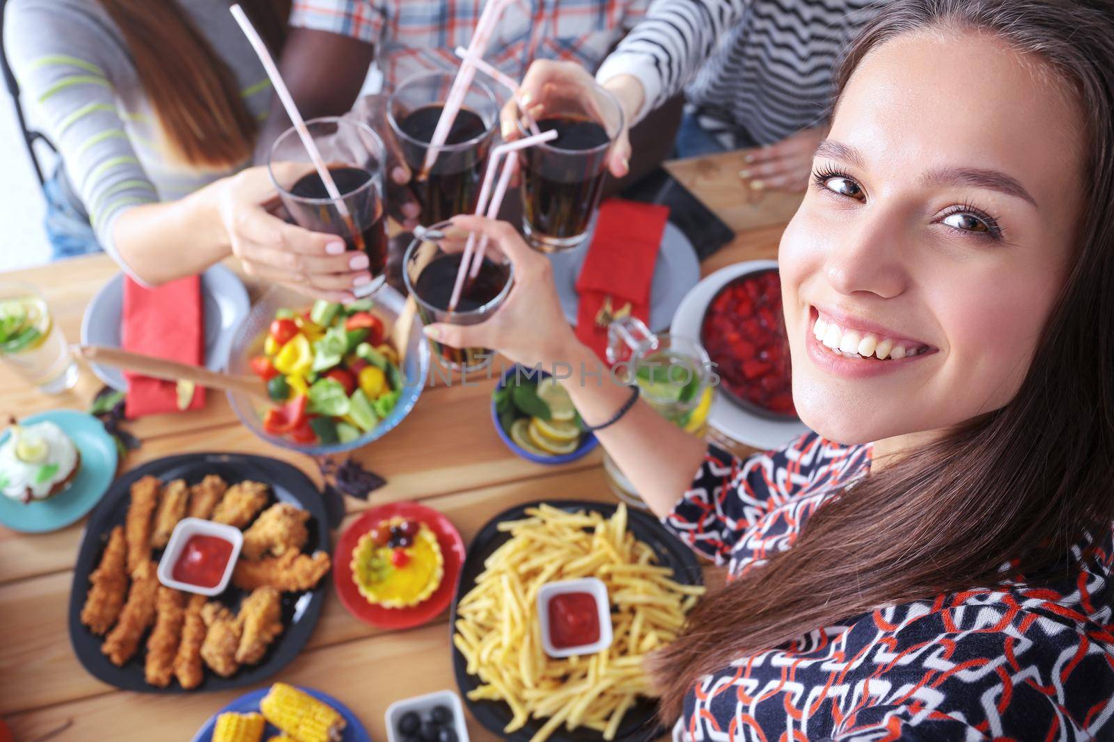 Group of people doing selfie during lunch. Self. Friends. Friends are photographed for eating by lenetstan