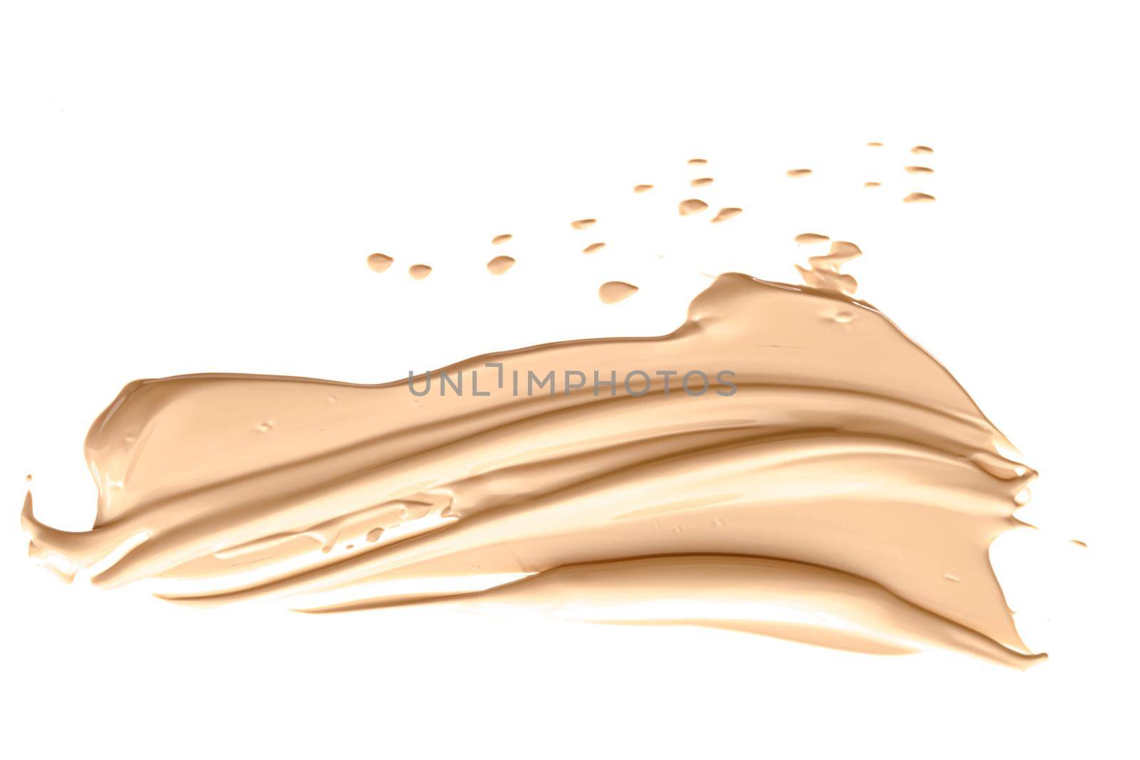 Beige beauty cosmetic texture isolated on white background, smudged makeup emulsion cream smear or foundation smudge, crushed cosmetics product and paint strokes.