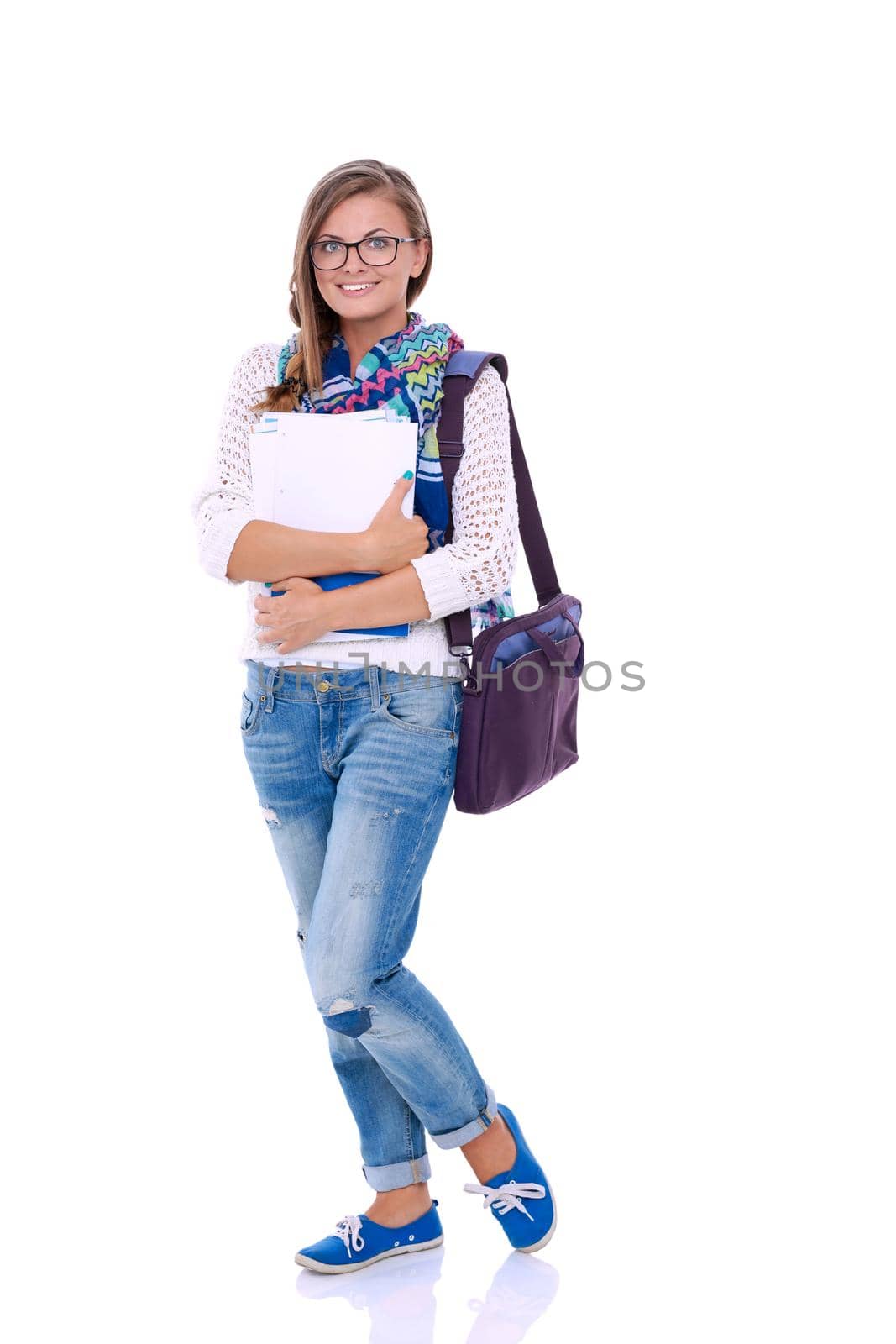 Portrait of young student woman holding exercise books. Student. University.