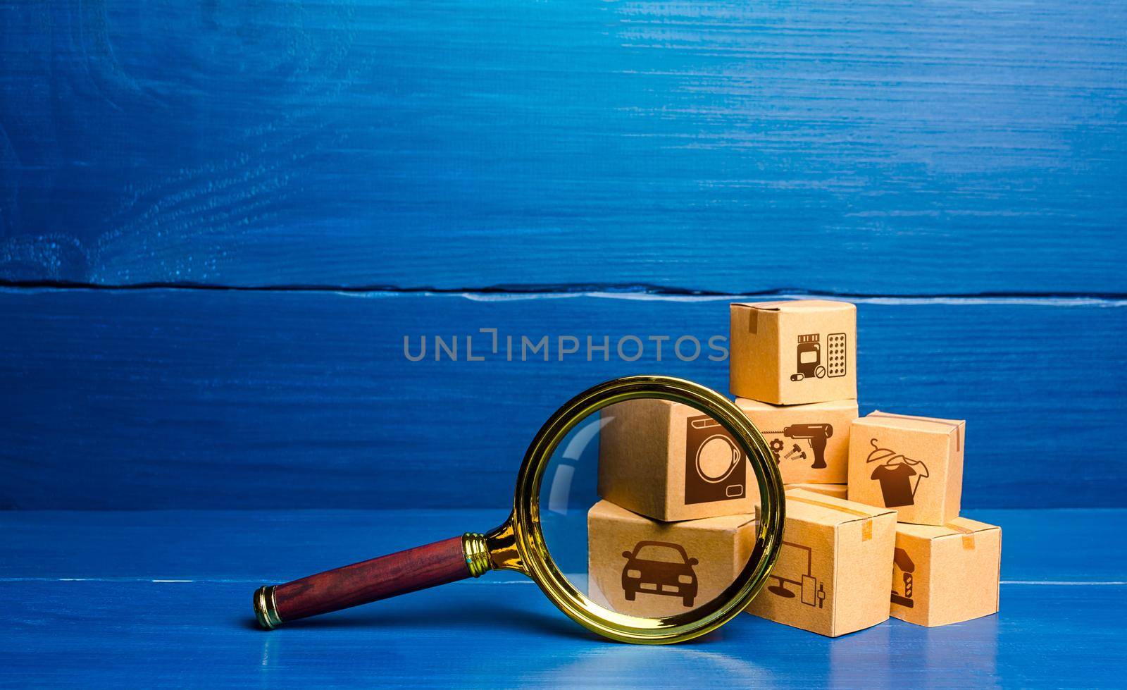 Cardboard boxes and magnifying glass. Monitoring and verification of goods, import certification. Quality control. Consumer market research. Customs clearance. Antimonopoly. Inventory. Cargo tracking by iLixe48