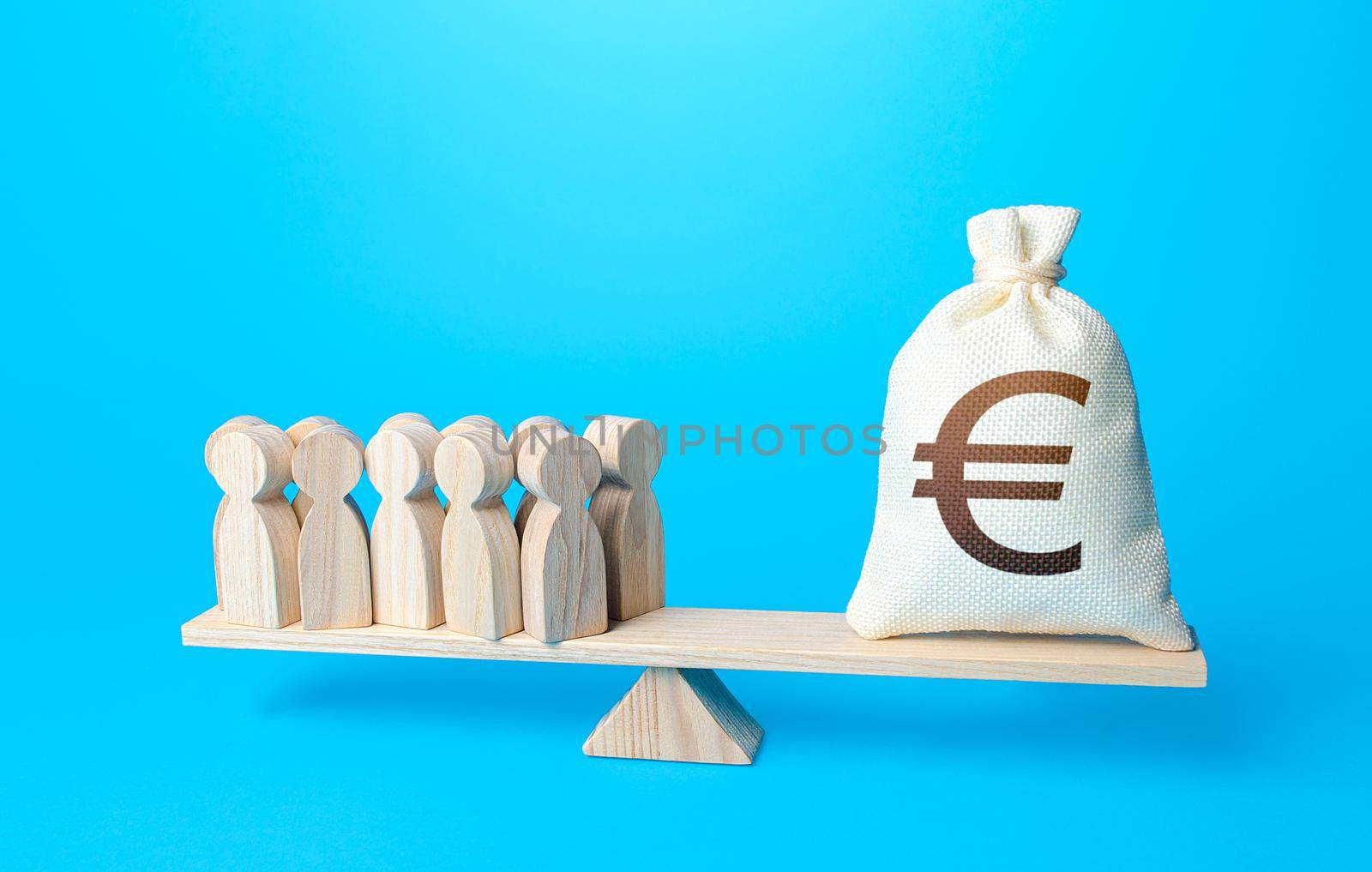 Group of people and euro money bag on weight scales. Required payment of staff salaries. Staff maintenance. Profit from worker productivity. Investors investments, shareholders. Financial support by iLixe48