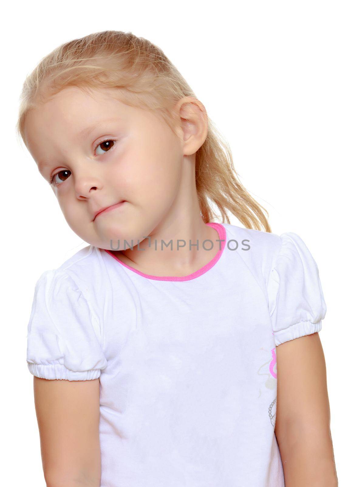 Cute little blond girl in white tank top without a pattern.Cute girl poses for the camera.Isolated on white background