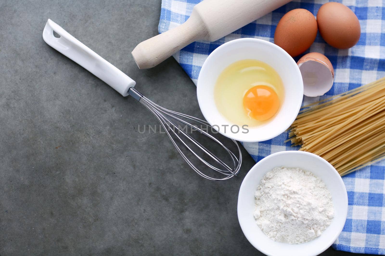 Dough preparation recipe homemade bread, pizza or pie ingridients, food flat lay on kitchen table background