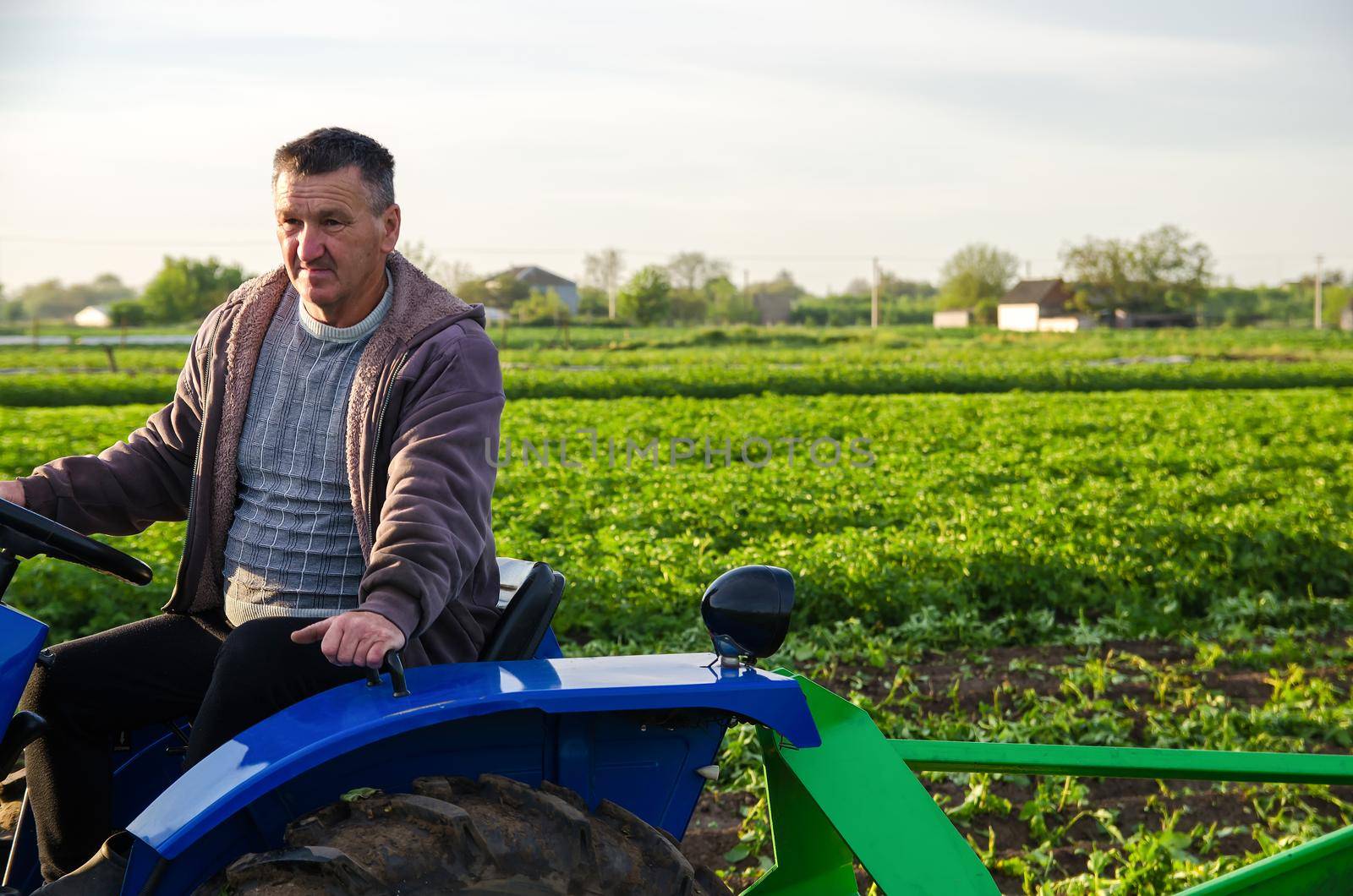 The farmer works in the field with a tractor. Harvesting crops campaign, earthworks. Agro industry, agribusiness. Countryside farmland. Farming, agriculture. Harvesting potatoes in early spring.